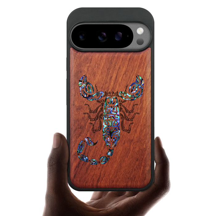 The Tribal Scorpion, Hand-Inlaid Wood & Mother of Pearl Case - Artisanal Cover for Google Pixel