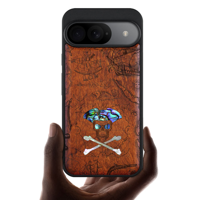 The Pirate's Legacy, Hand-Inlaid Wood & Mother of Pearl Case - Artisanal Cover for Google Pixel