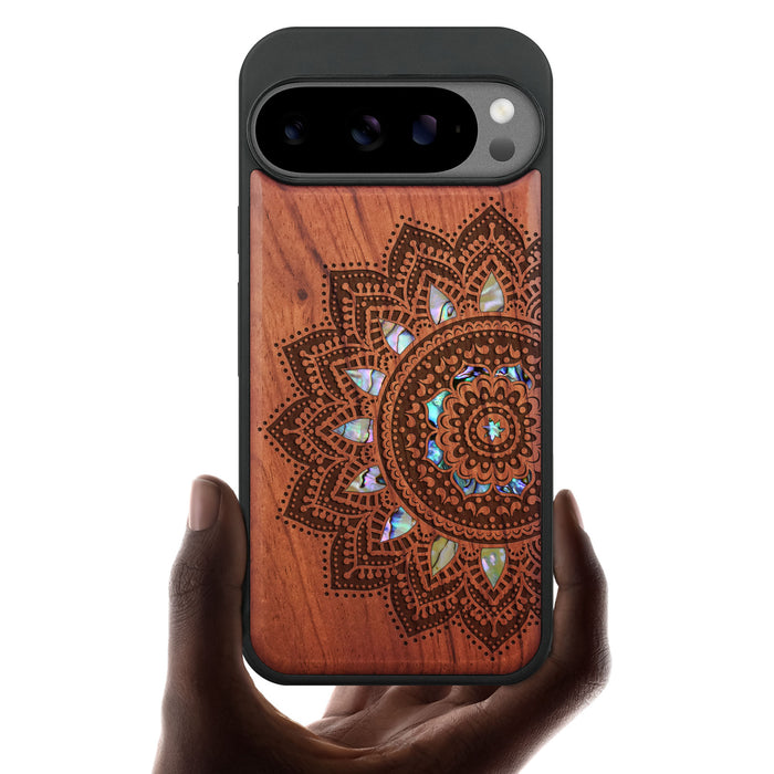 The Half Mandala Lace Art, Hand-Inlaid Wood & Mother of Pearl Case - Artisanal Cover for Google Pixel