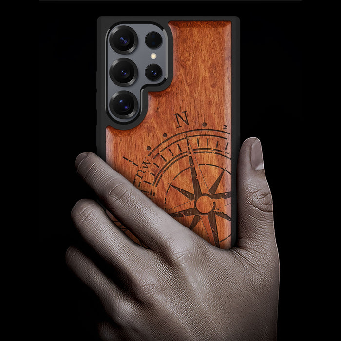Compass Quest Classic Engraved Wood & TPU Case Samsung Galaxy Artisanal Case View