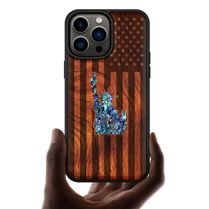 Statue of Liberty and Flag, Hand-Inlaid Wood & Mother of Pearl Case - Artisanal Cover for Apple iPhone