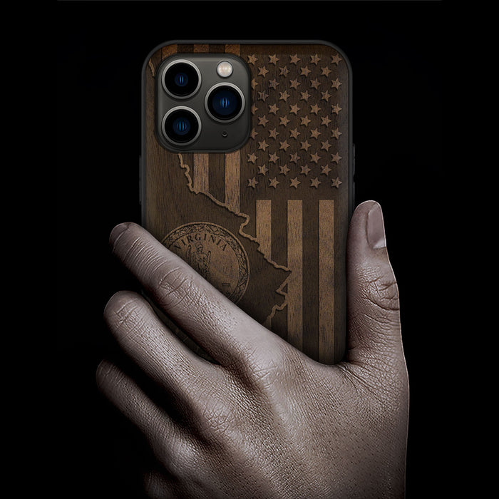 Virginia and Star Flag, Classic Engraved Wood & TPU Case - Artisanal Cover for Apple iPhone