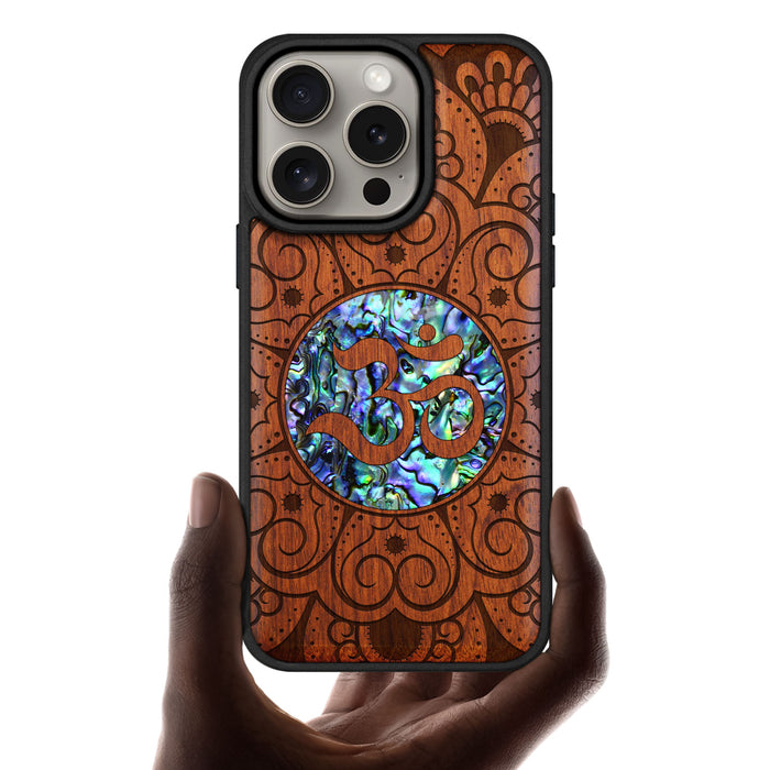 Eternal Om Mandala, Hand-Inlaid Wood & Mother of Pearl Case - Artisanal Cover for Apple iPhone