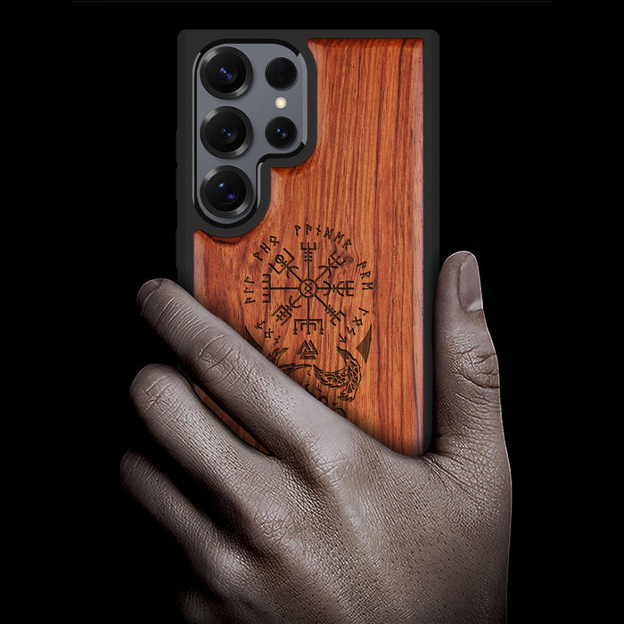 Viking Compass Classic Engraved Wood & TPU Case Samsung Galaxy Artisanal Case View