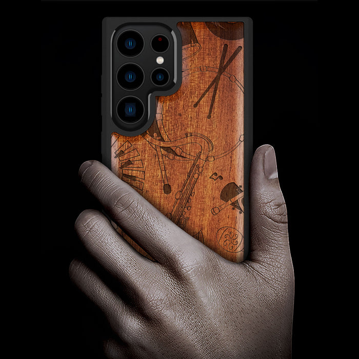 The Saxophone Serenade, Classic Engraved Wood & TPU Case - Artisanal Cover for Samsung Galaxy