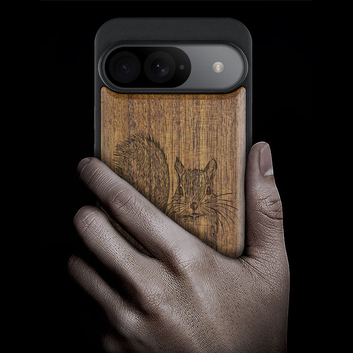 The Squirrel Sketch, Classic Engraved Wood & TPU Case - Artisanal Cover for Google Pixel