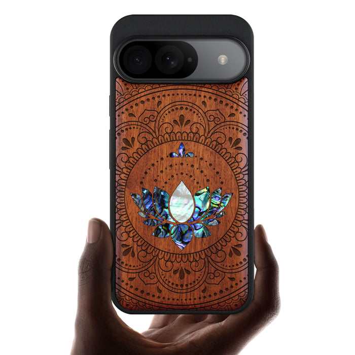 Lotus Mandala Essence, Hand-Inlaid Wood & Mother of Pearl Case - Artisanal Cover for Google Pixel