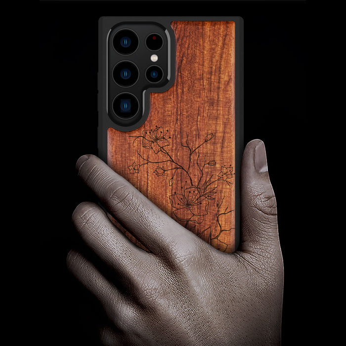 Sakura Sketch, Classic Engraved Wood & TPU Case - Artisanal Cover for Samsung Galaxy