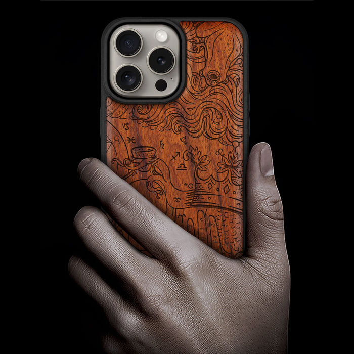 Zodiac Mystique, Classic Engraved Wood & TPU Case - Artisanal Cover for Apple iPhone