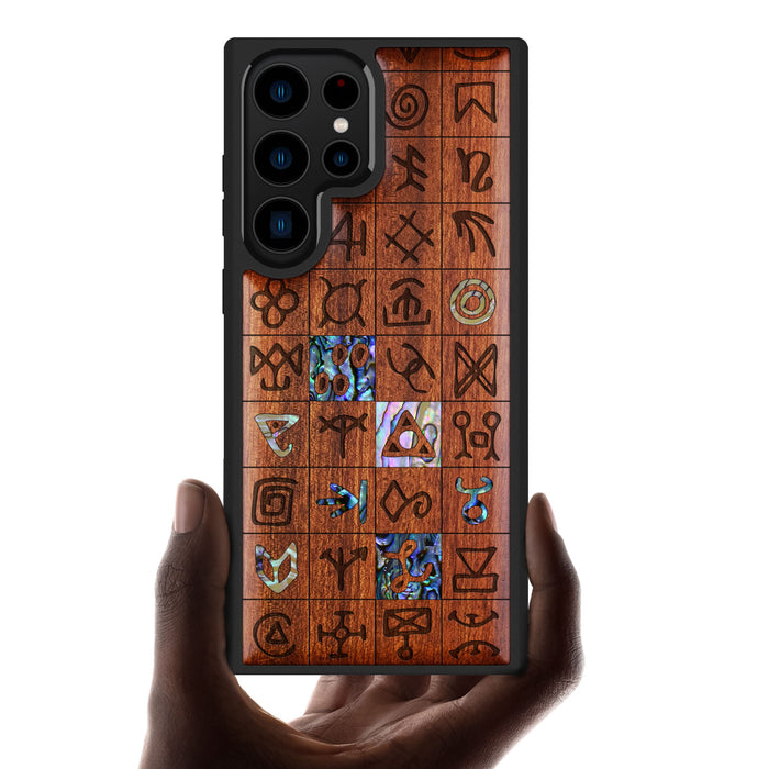 Mystical Runes, Hand-Inlaid Wood & Mother of Pearl Case - Artisanal Cover for Samsung Galaxy