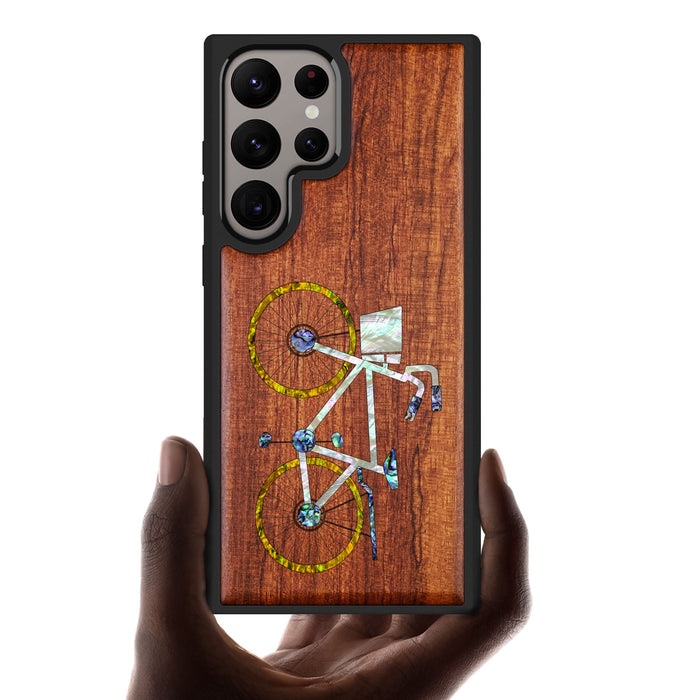 Classic Bicycle Silhouette, Hand-Inlaid Wood & Mother of Pearl Case - Artisanal Cover for Samsung Galaxy