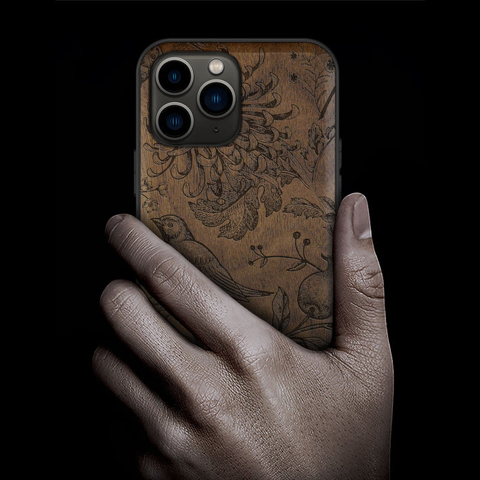 The Chrysanthemum and the Songbird, Classic Engraved Wood & TPU Case - Artisanal Cover for Apple iPhone