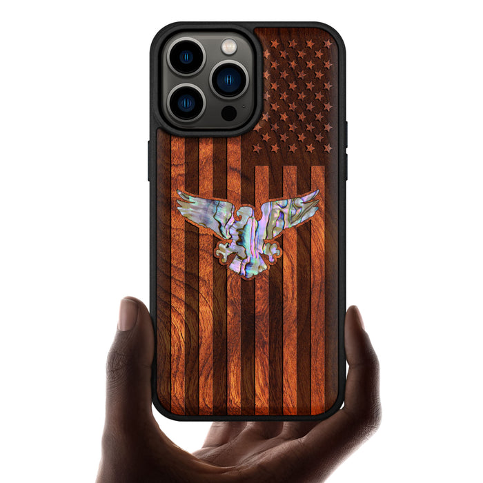 Bald Eagle and Flag, Hand-Inlaid Wood & Mother of Pearl Case - Artisanal Cover for Apple iPhone