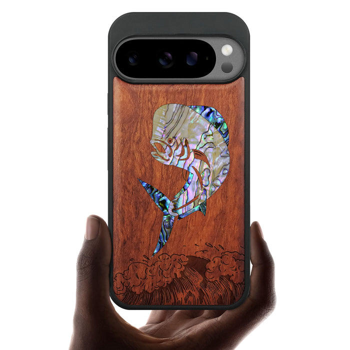 The Majestic Mahi-Mahi, Hand-Inlaid Wood & Mother of Pearl Case - Artisanal Cover for Google Pixel