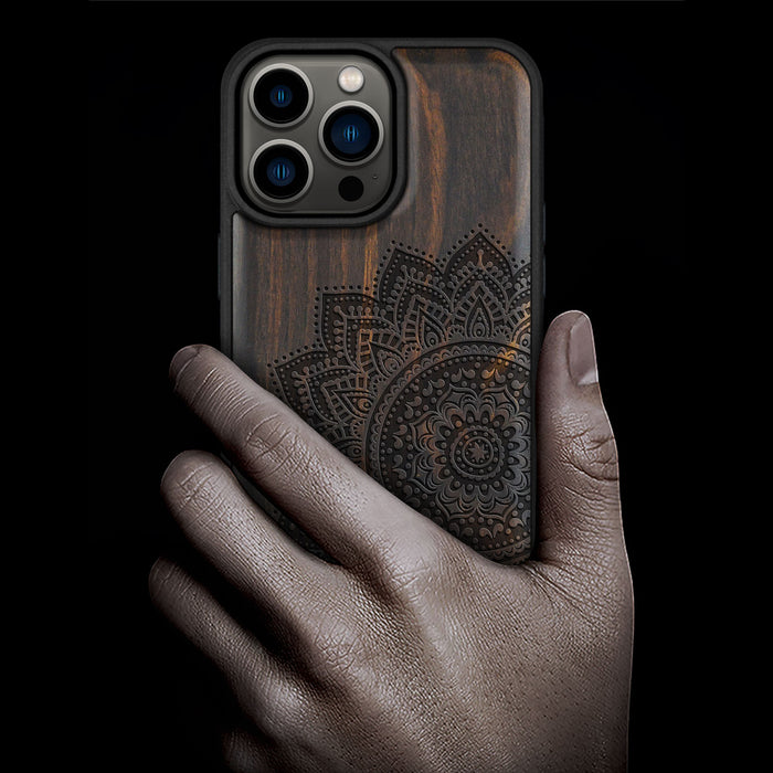 The Half Mandala Lace Art, Classic Engraved Wood & TPU Case - Artisanal Cover for Apple iPhone