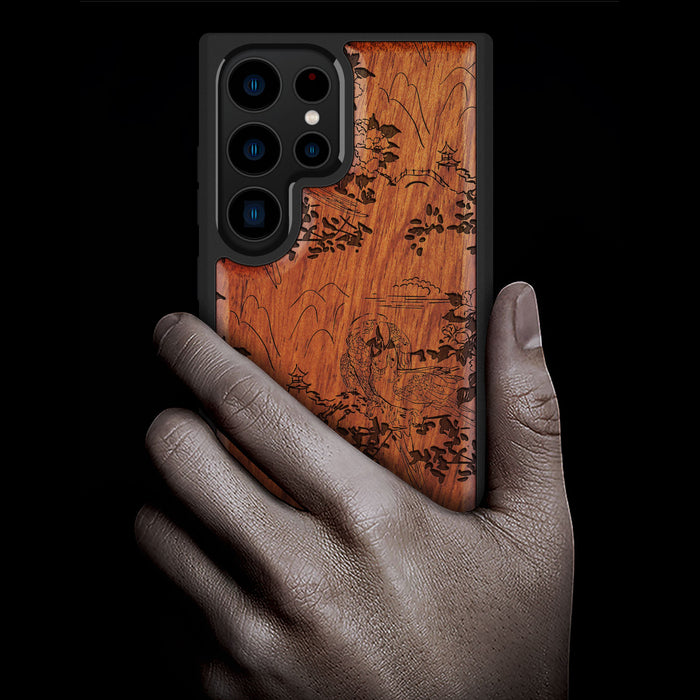 Oriental Elegance, Classic Engraved Wood & TPU Case - Artisanal Cover for Samsung Galaxy