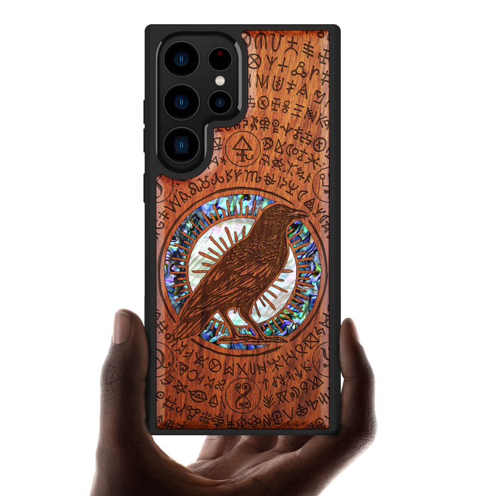 The Haloed Crow, Hand-Inlaid Wood & Mother of Pearl Case - Artisanal Cover for Samsung Galaxy