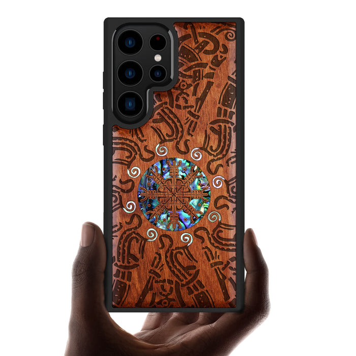 Shield of the Ancients, Hand-Inlaid Wood & Mother of Pearl Case - Artisanal Cover for Samsung Galaxy