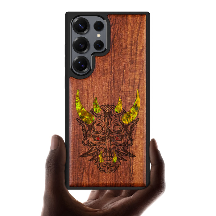 The Art of the Japanese Oni Mask, Hand-Inlaid Wood & Mother of Pearl Case - Artisanal Cover for Samsung Galaxy