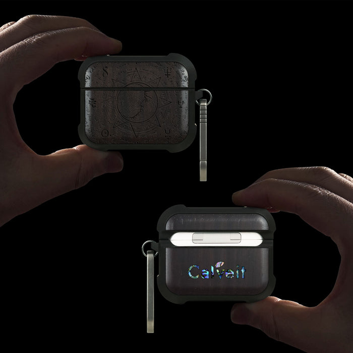 A Manuscript Enigma - Wood Artisan Engraved & Shell Hand-Inlaid Cover - Artisanal Case for Apple AirPods (Titanium Quick Released Clasp)