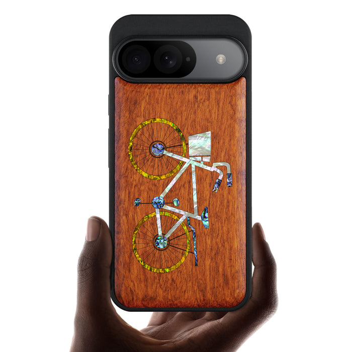Classic Bicycle Silhouette, Hand-Inlaid Wood & Mother of Pearl Case - Artisanal Cover for Google Pixel