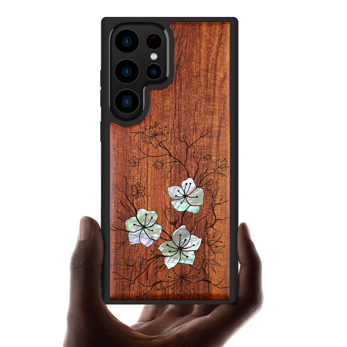 Whispering Sakura Blooms, Hand-Inlaid Wood & Mother of Pearl Case - Artisanal Cover for Samsung Galaxy