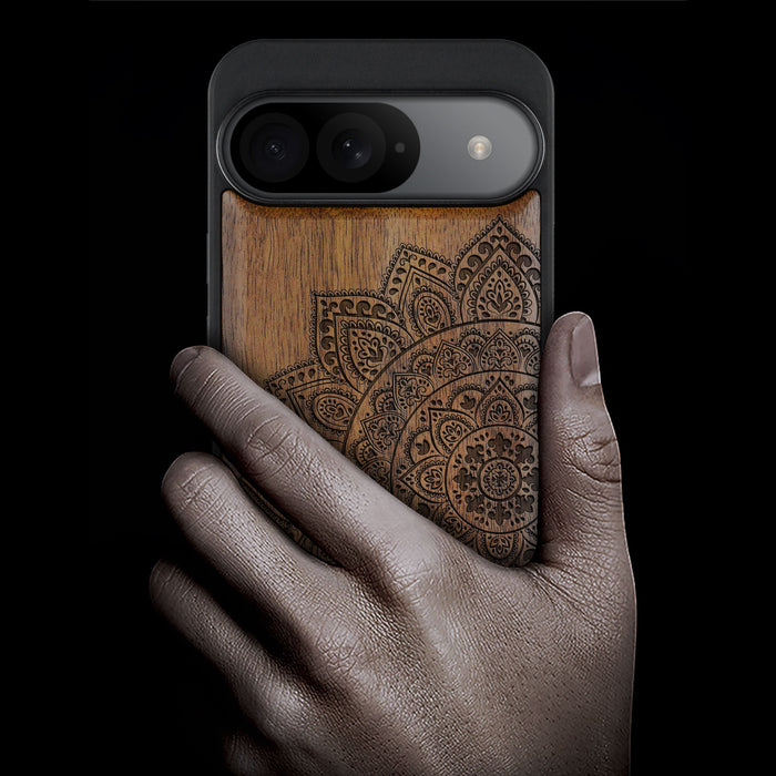 The Half Mandala Lace Pattern, Classic Engraved Wood & TPU Case - Artisanal Cover for Google Pixel