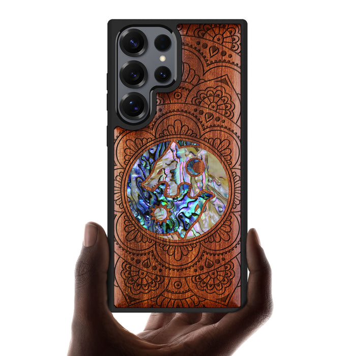 Yin-Yang Wolves Amidst Paisley, Hand-Inlaid Wood & Mother of Pearl Case - Artisanal Cover for Samsung Galaxy
