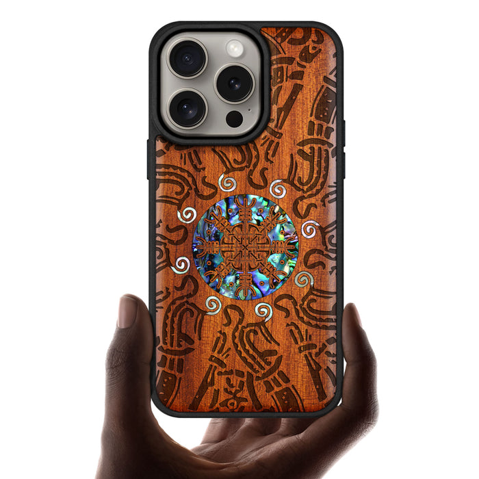 Shield of the Ancients, Hand-Inlaid Wood & Mother of Pearl Case - Artisanal Cover for Apple iPhone