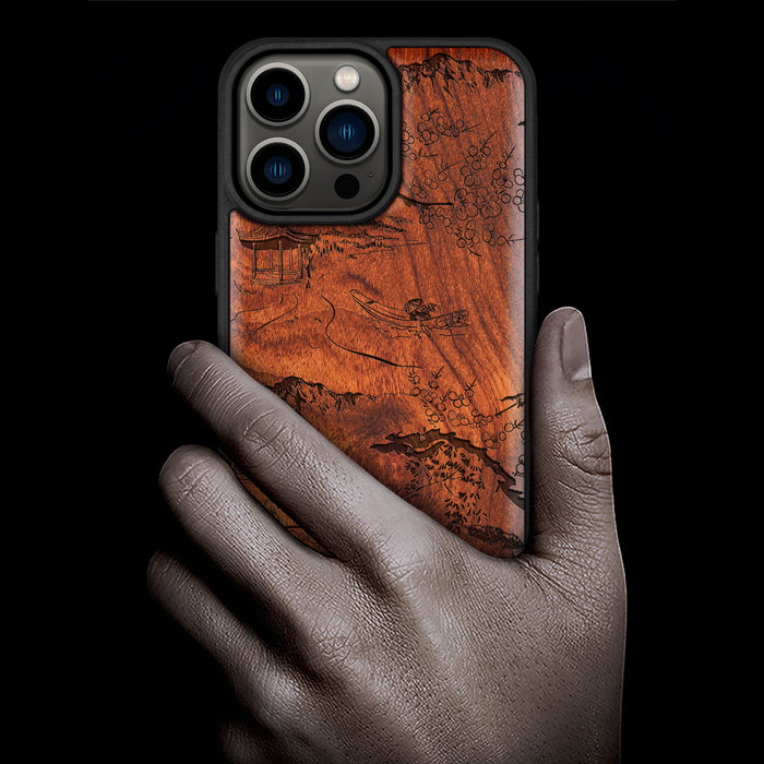 An Intricate Chinese Landscape, Classic Engraved Wood & TPU Case - Artisanal Cover for Apple iPhone