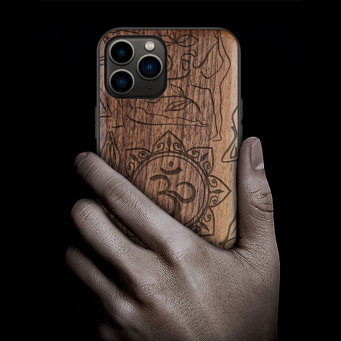 The Yoga Essence, Classic Engraved Wood & TPU Case - Artisanal Cover for Apple iPhone