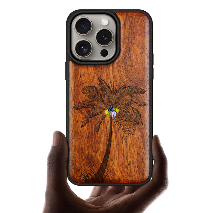 The Palm Tree, Hand-Inlaid Wood & Mother of Pearl Case - Artisanal Cover for Apple iPhone