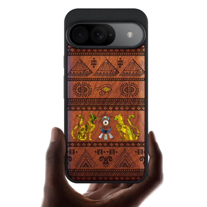 The Symbols of Egypt, Hand-Inlaid Wood & Mother of Pearl Case - Artisanal Cover for Google Pixel