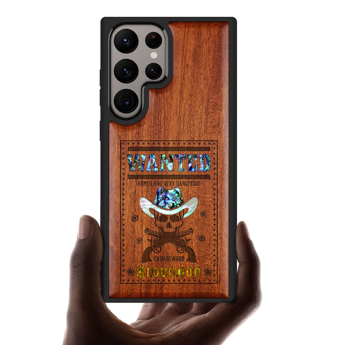 Outlaw Skull Wanted, Hand-Inlaid Wood & Mother of Pearl Case - Artisanal Cover for Samsung Galaxy