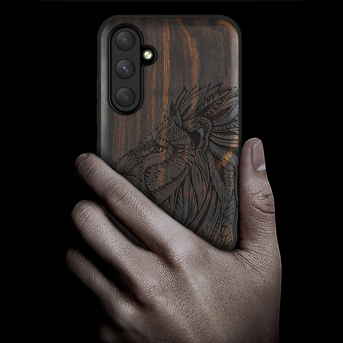 The Ornate Lion's Head, Classic Engraved Wood & TPU Case - Artisanal Cover for Samsung Galaxy