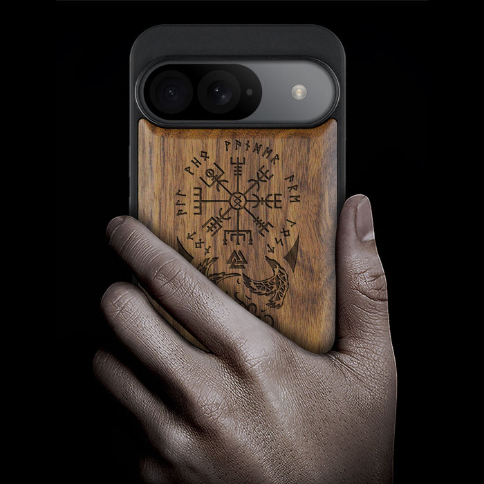 The Guiding Vegvisir, Classic Engraved Wood & TPU Case - Artisanal Cover for Google Pixel