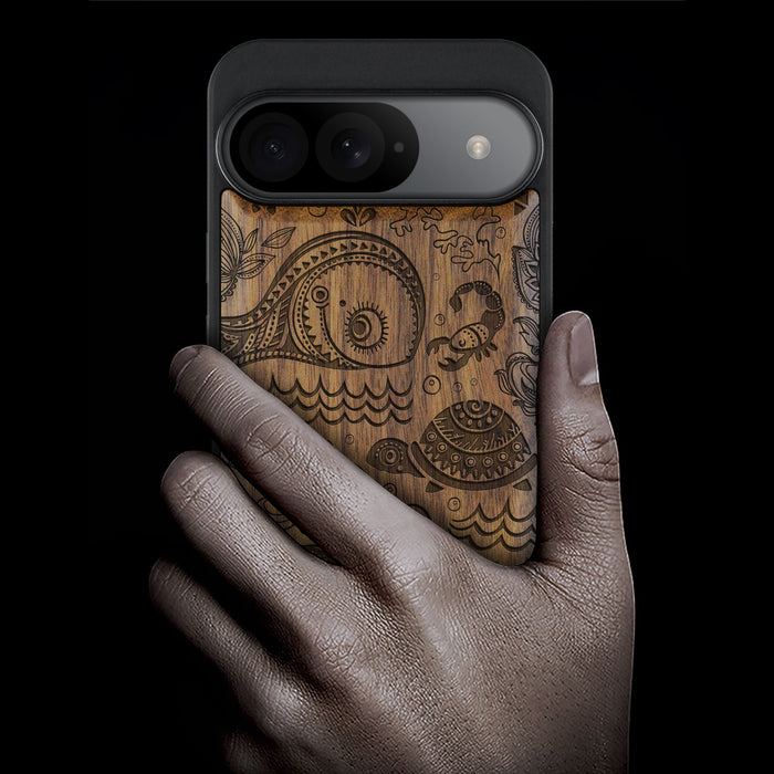 A Marine Mosaic, Classic Engraved Wood & TPU Case - Artisanal Cover for Google Pixel