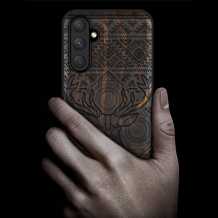 Geometric Deer Amidst Intricate Patterns, Classic Engraved Wood & TPU Case - Artisanal Cover for Samsung Galaxy