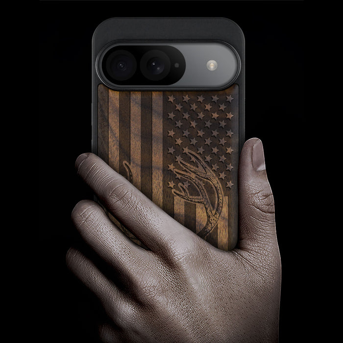 Deer Against the Backdrop of Stars and Stripes, Classic Engraved Wood & TPU Case - Artisanal Cover for Google Pixel