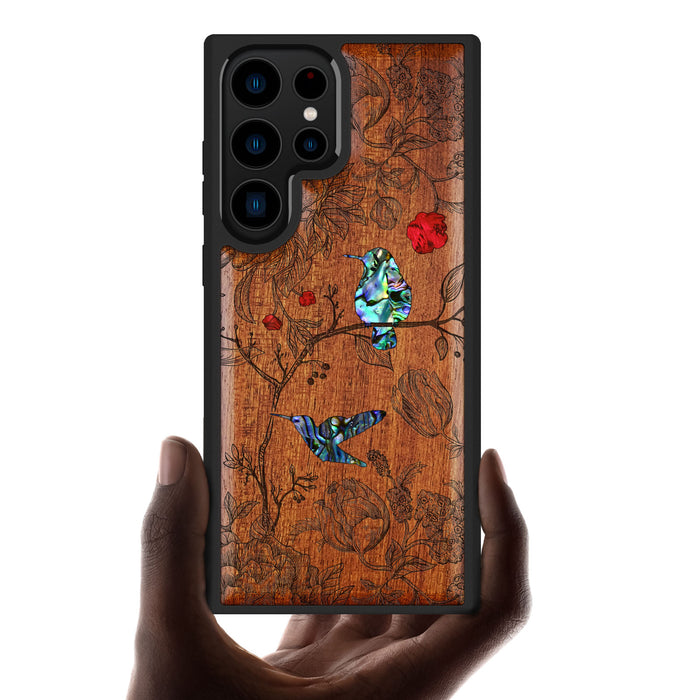 A Dance of Flora and Avian, Hand-Inlaid Wood & Mother of Pearl Case - Artisanal Cover for Samsung Galaxy