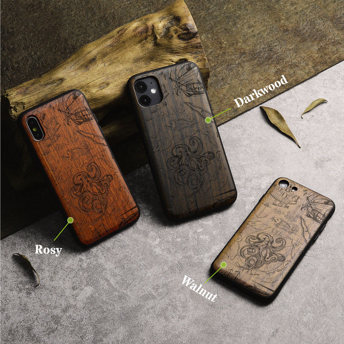 The Octopus and Maritime Treasures, Classic Engraved Wood & TPU Case - Artisanal Cover for Apple iPhone