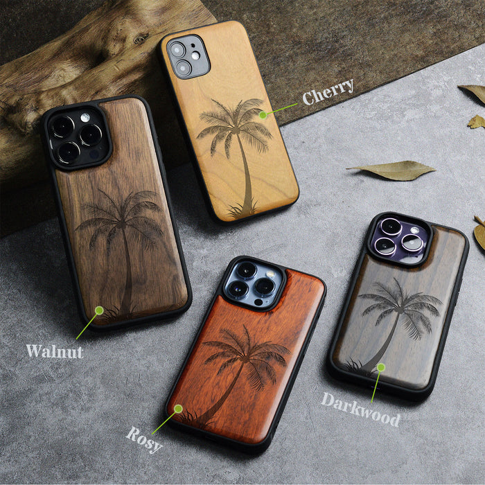 The Palm Tree Silhouette, Classic Engraved Wood & TPU Case - Artisanal Cover for Apple iPhone