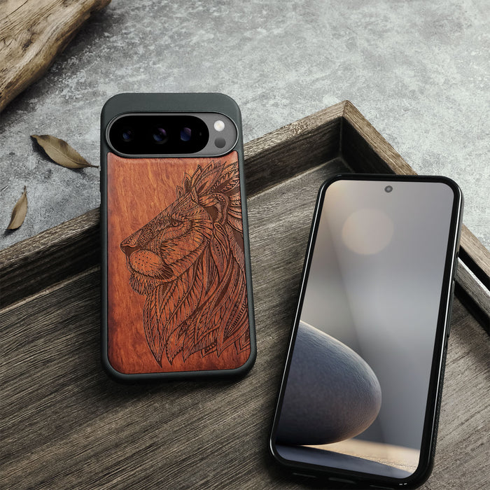 Lion Majesty, Classic Engraved Wood & TPU Case - Artisanal Cover for Google Pixel