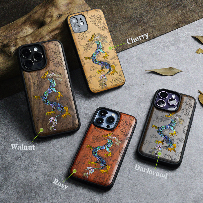 The Dragon's Ascen, Hand-Inlaid Wood & Mother of Pearl Case - Artisanal Cover for Apple iPhone