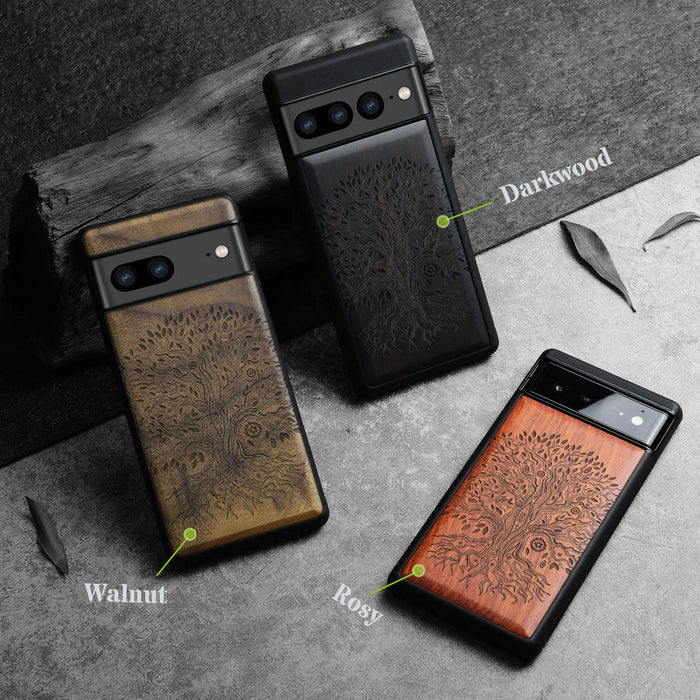 The Line Art Tree of Life, Classic Engraved Wood & TPU Case - Artisanal Cover for Google Pixel