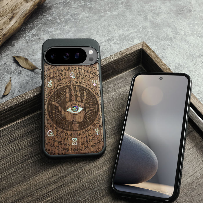 The Enigmatic Eye, Hand-Inlaid Wood & Mother of Pearl Case - Artisanal Cover for Google Pixel
