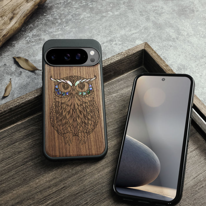 The Owl Mandala, Hand-Inlaid Wood & Mother of Pearl Case - Artisanal Cover for Google Pixel