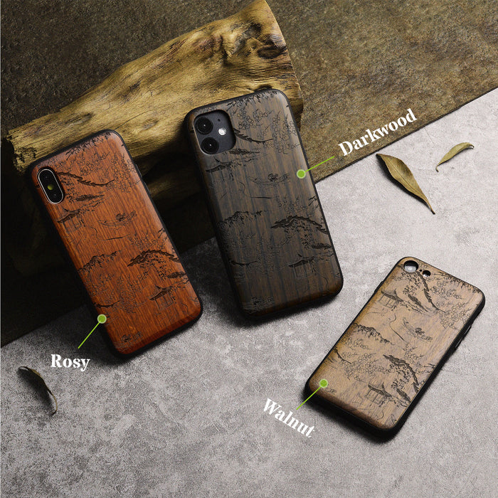 An Intricate Chinese Landscape, Classic Engraved Wood & TPU Case - Artisanal Cover for Apple iPhone