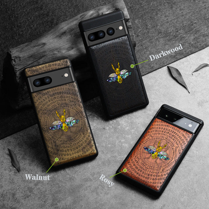 Mystical Armor, Hand-Inlaid Wood & Mother of Pearl Case - Artisanal Cover for Google Pixel