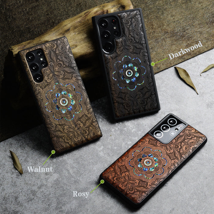 Ethereal Bloom Mandala, Hand-Inlaid Wood & Mother of Pearl Case - Artisanal Cover for Samsung Galaxy